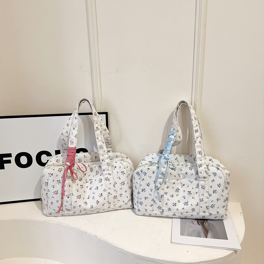 Women Floral Shoulder Bag with Multi Pocket Canvas Tote Bag Bow Tie Hobo Bag Cute Satchel Purse for Travel Work