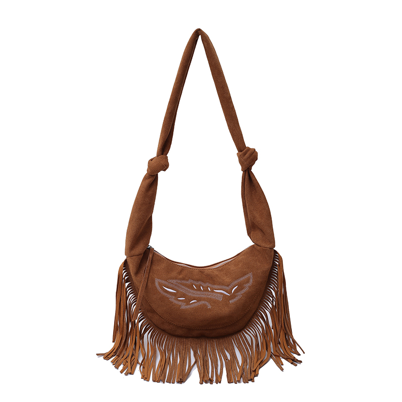 Women Suede Shoulder Bag Tassels Crossbody Bag Large Capacity Crescent Bag Trendy Hobo Bag for Commuting Travel