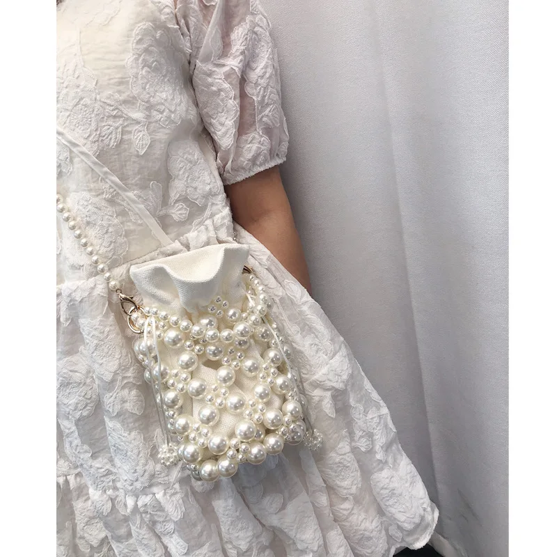 French Style Women's Handmade Diy Material Kit Hand Woven Beading Pearl Bucket Bag Handheld Crossbody Bag Hard Shoulder