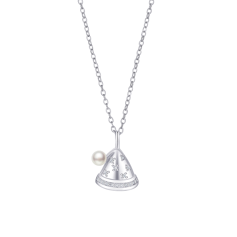 Festive Women's Necklace with Faux Pearl and Cubic Zirconia Christmas Hat Charms