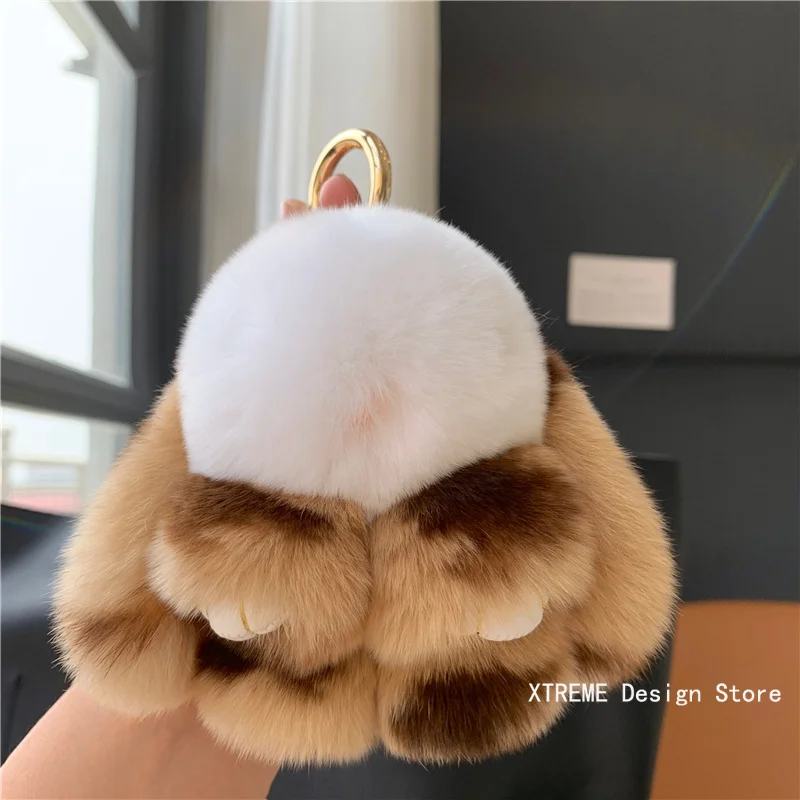 Plush Toy Bunny Real Natural Rabbit Fur Keychain Women Bag Charm Ornaments Schoolbag Pendant Car Keyring Trinkets Kids Gift