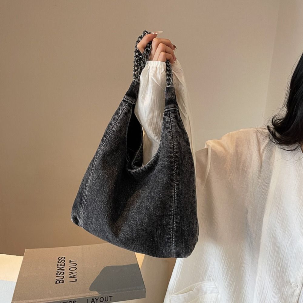 Japanese Style Fabric Washed Denim Metal Chain Shoulder Strap Ladies Handbag High-Capacity Shopping Tote For Girls