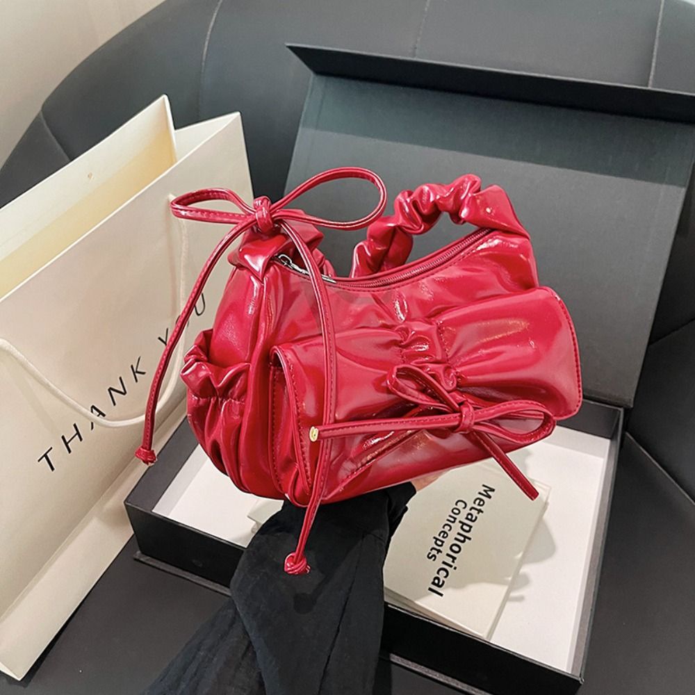 Luxury French Style Bowknot Underarm Bag Korean Style Solid Color Y2k Shoulder Bag Tote Bag Pleated Pu Dumpling Bag Women