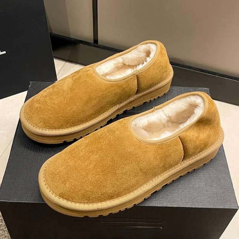 Women Fur Flats Platform Warm Snow Boots Suede Cozy New Femme Loafer Shoes 2025 Winter Short Plush Designer Botines Para Mujeres