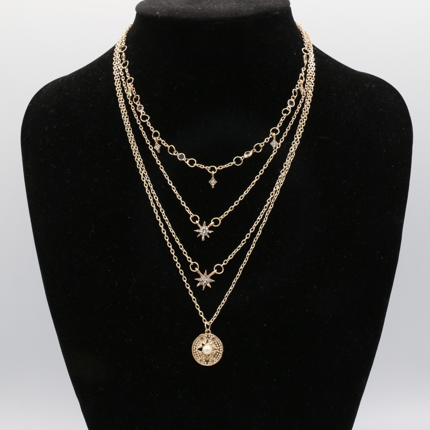 Cross Border New Full Diamond Star Necklace for Women Hot Selling Fashion Starry Flat Diamond Inlaid with Pearls Multi-layer Collarbone Chain