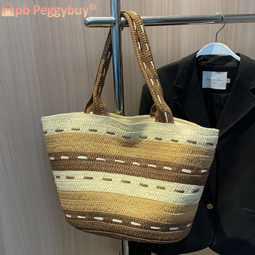 Lady Summer Top-Handle Bags Fashion Handmade Simple Large Capacity Hand-Woven Handbags Contrast Color Casual Tote Purses