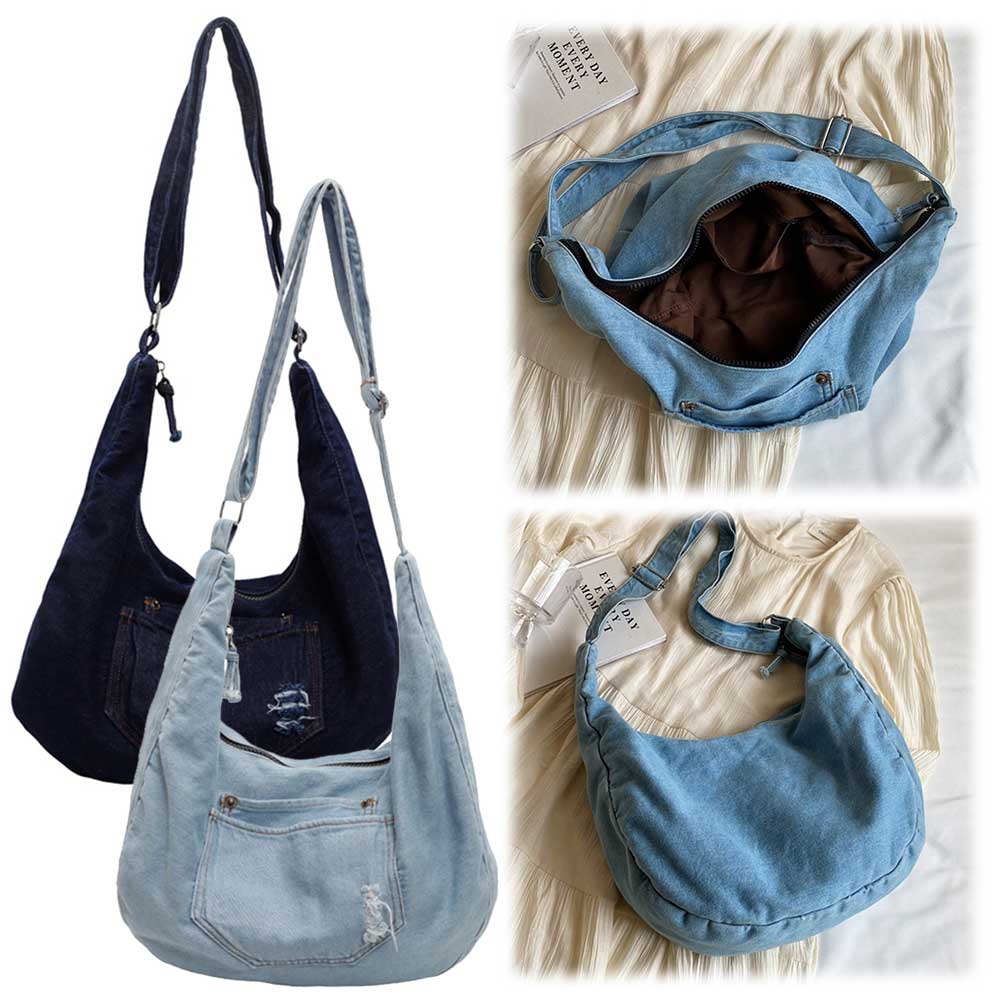 Denim Shoulder Bag for Women Men Adjustable Strap Casual Tote Bag Large Capacity Handbag Satchel Purse Commuter Travel Bag