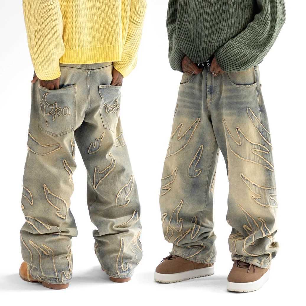 Streetwear Retro Ripped Jeans Y2K Mens Womens Rock Hip Hop Ripped Design Retro Baggy Jeans Pants High Waist Wide Leg Trousers LX241107