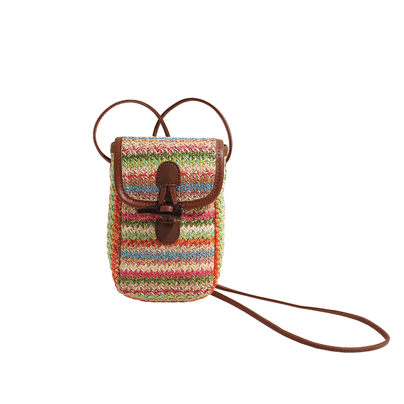 Women Small Crossbody Bag Patchwork Straw Woven Phone Bag Fashion Knitted Phone Pouch Trendy Weave Phone Purse Sling Phone Bag