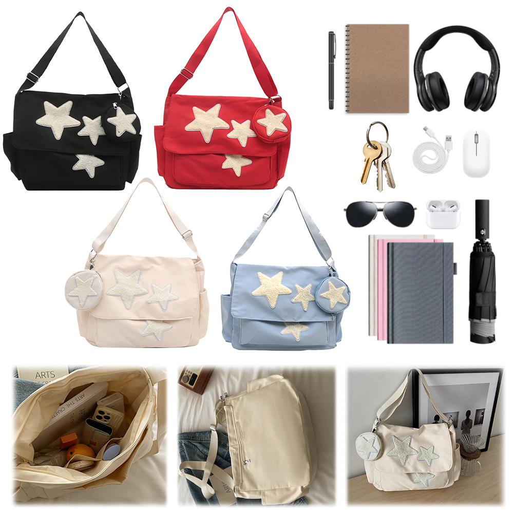 Women Cute Messenger Bag with Coin Purse Star Patches Kawaii Shoulder Bag Large Capacity Simple Crossbody Bag Girls Daily Bag