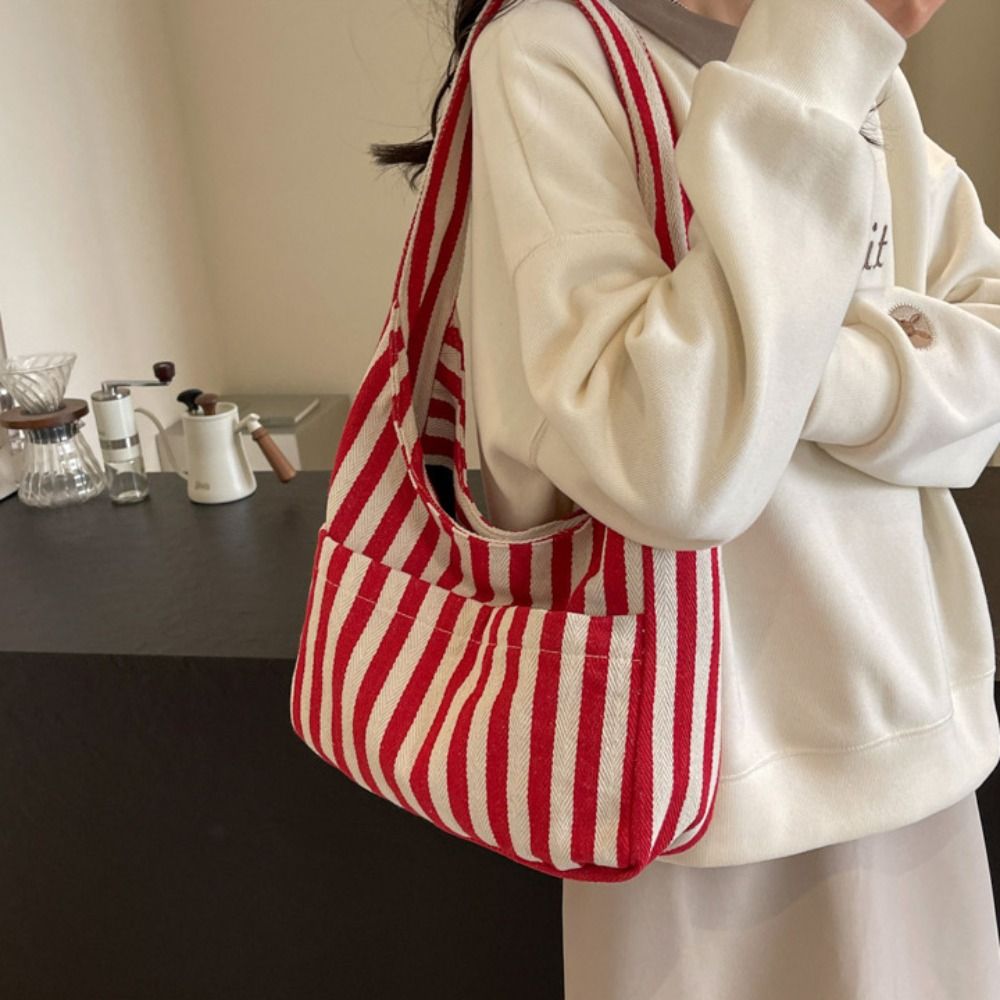 Fashion Retro Magnetic Snap Vertical Stripe Bag Tote Daily Canvas Shoulder Bag Commute Handbag Vintage Commute Handbag Girls