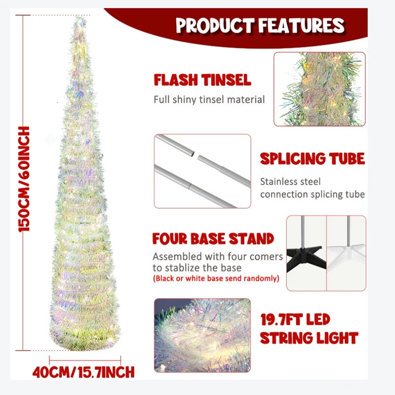 5FT Collapsible Pop Up Christmas Tree Colorful Tinsel with 60 LED Warm Lights for Decorations Indoor 241107
