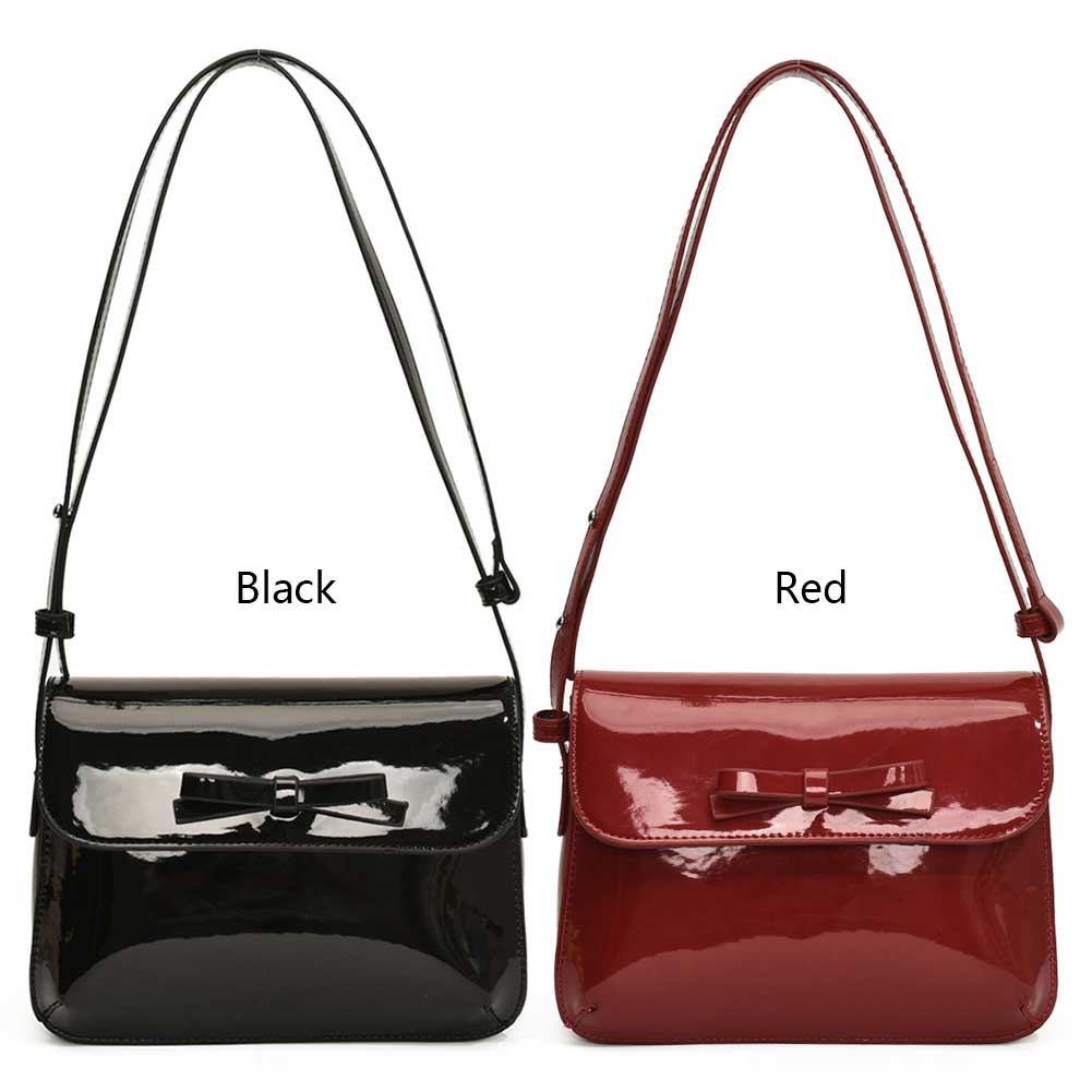 Patent Leather Women Handbag Bowknot Satchel Purse Adjustable Strap Square Flap Bag Retro Underarm Bag Travel Bag