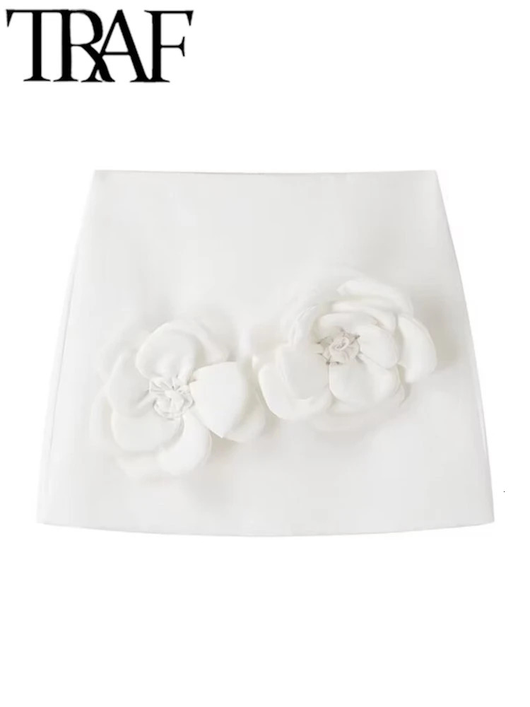 TRAF Y2K Extreme Short Women Mini Skirt Suits 2024 Summer Flower Appliques Sleeveless Tanks Female Crop Top Sets White 240401