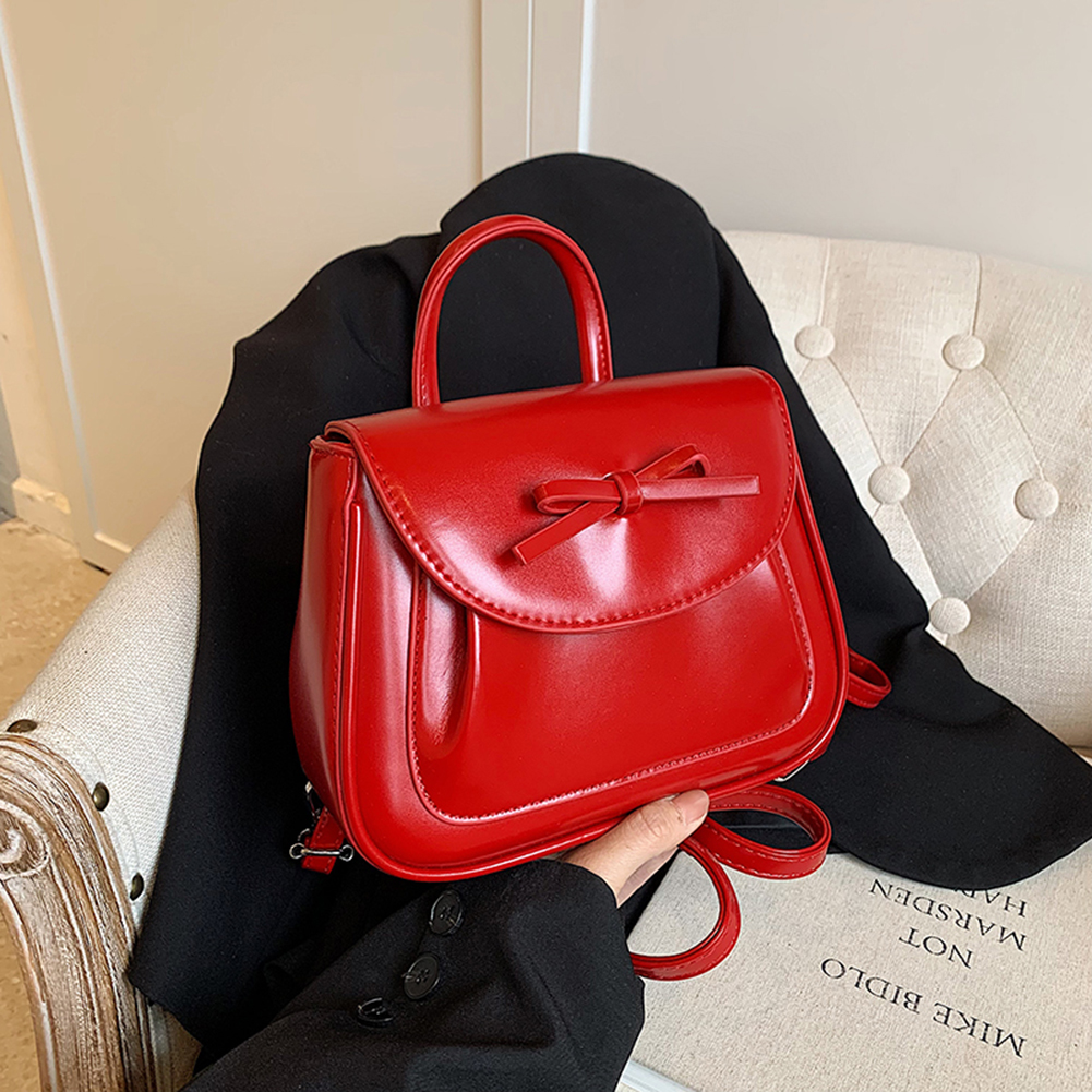 Mimi Cute Bow Aesthetic School Backpack PU Leather Fashion Handbag Solid Color Casual Daypack with Adjustable Strap for Women