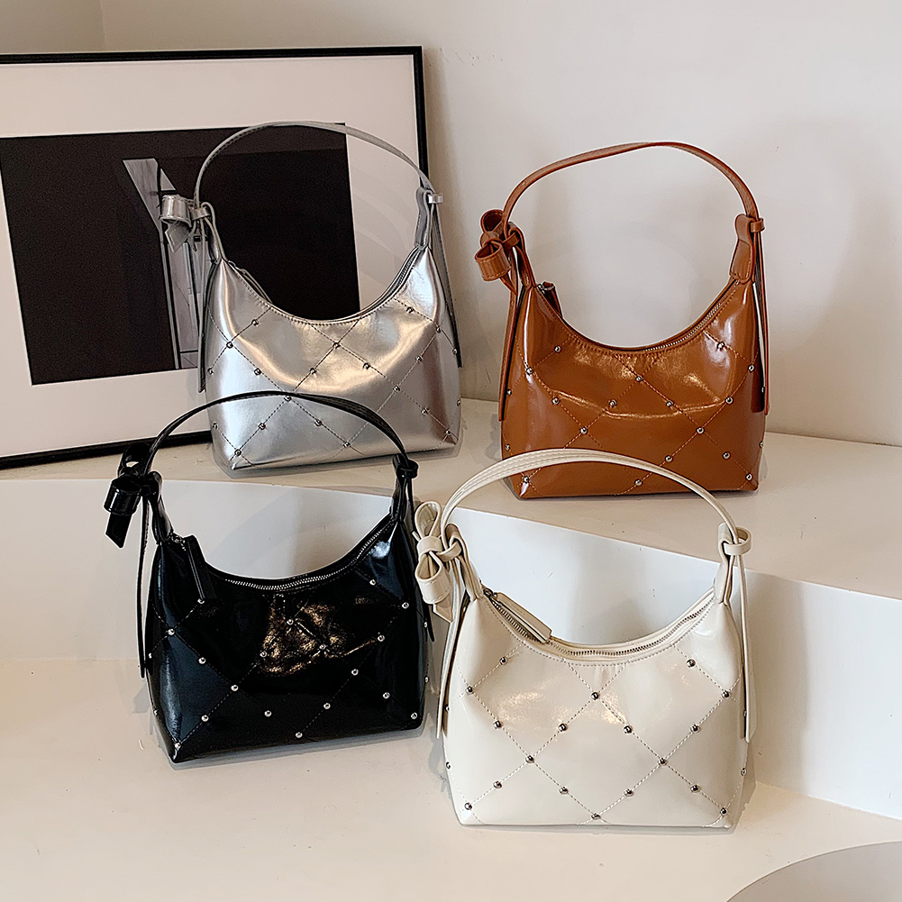 Shoulder Bag for Women Bowknot Crescent Bag PU Leather with Zipper Underarm Bag Solid Color Hobo Bag for Travel Shopping