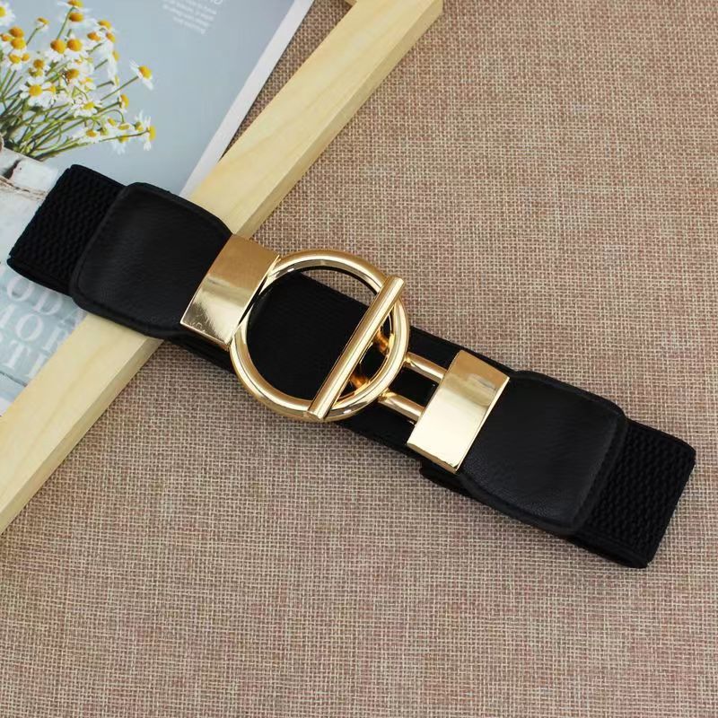 Factory direct sale in wide waist seal fashion gold round buckle simple lap hook elastic elastic waistband temperament with skirt clothes