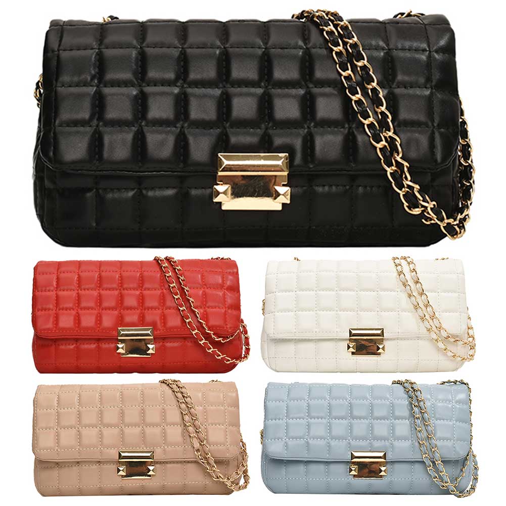 Quilted Crossbody Bag for Women with Chain Square Bag PU Leather Solid Color Satchel Purse Travel Commuter Bag