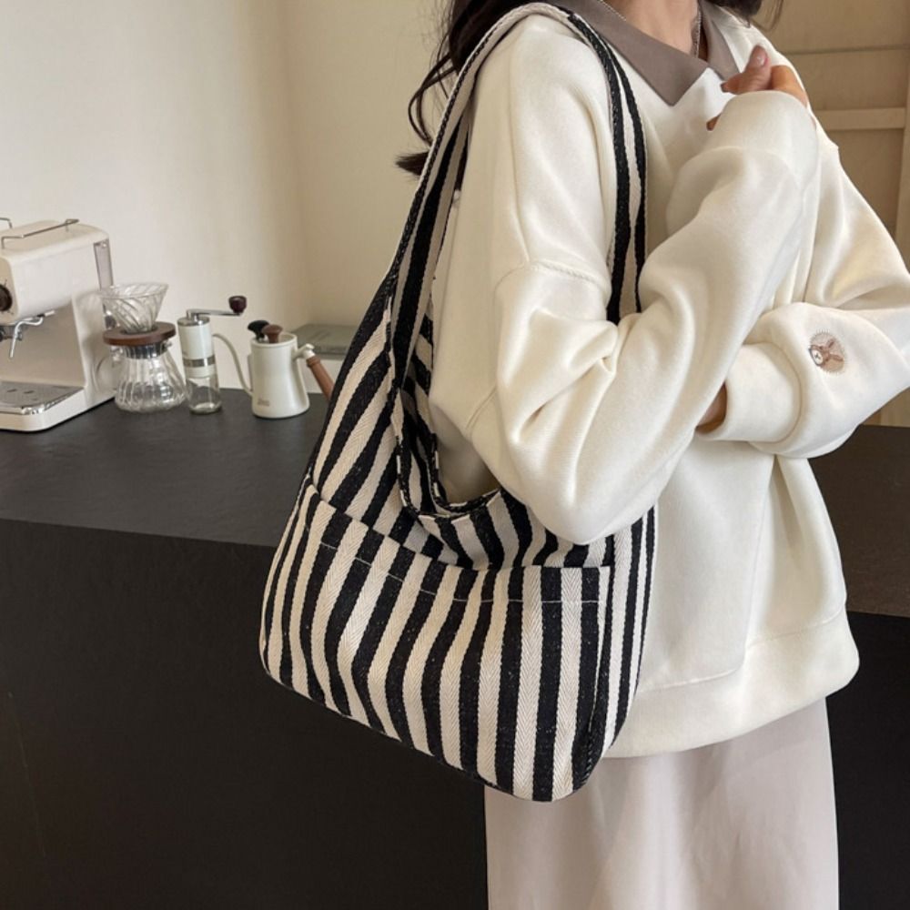 Fashion Retro Magnetic Snap Vertical Stripe Bag Tote Daily Canvas Shoulder Bag Commute Handbag Vintage Commute Handbag Girls