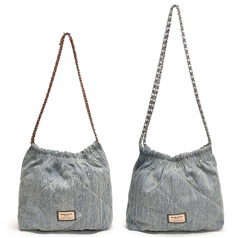 Women Rivet Shoulder Bag Large Capacity Denim Bucket Crossbody Bag Luxury Tote Bag Ladies Outdoor Bag