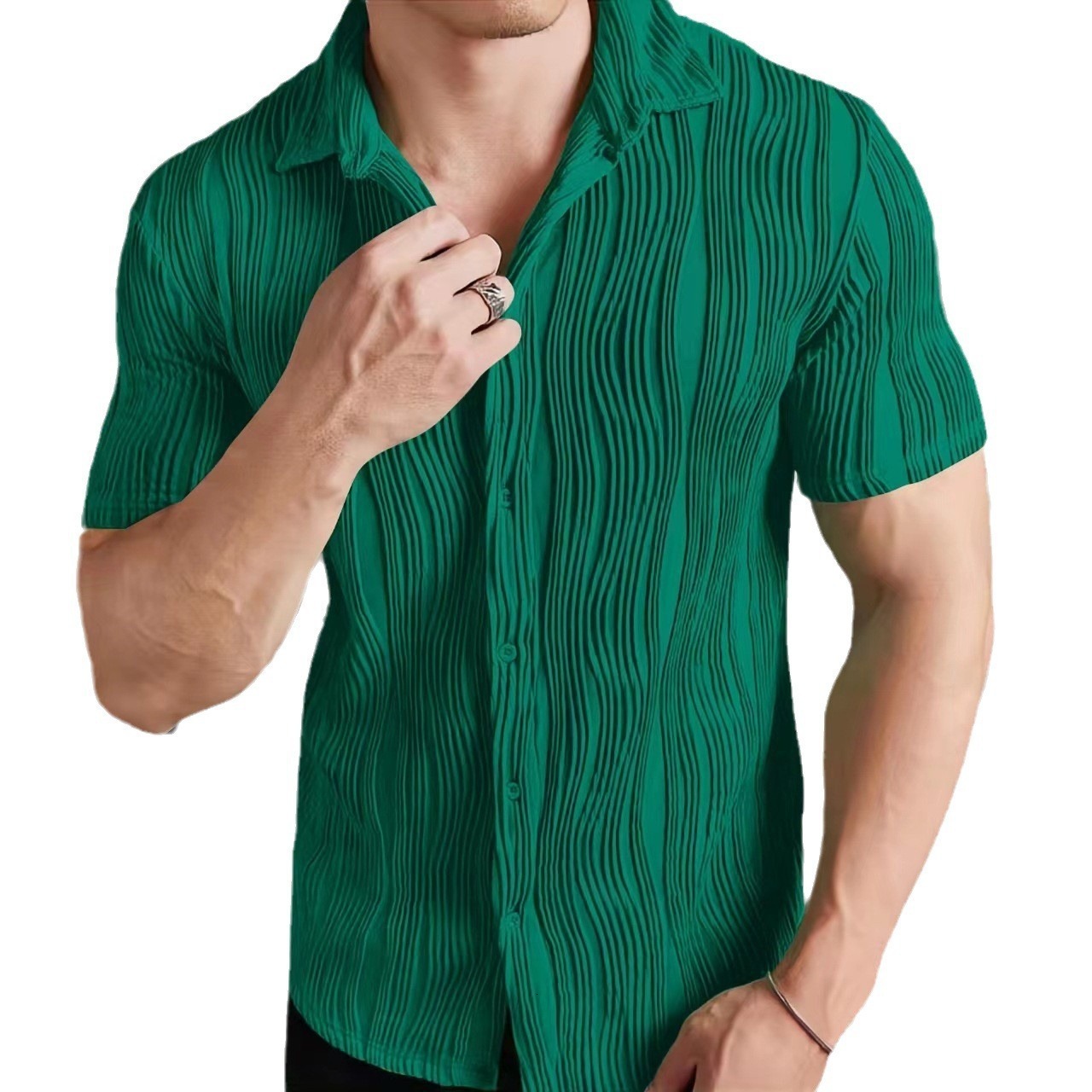 Mens Solid Color Wave Textured Button Up Short Sleeves Shirt 240816