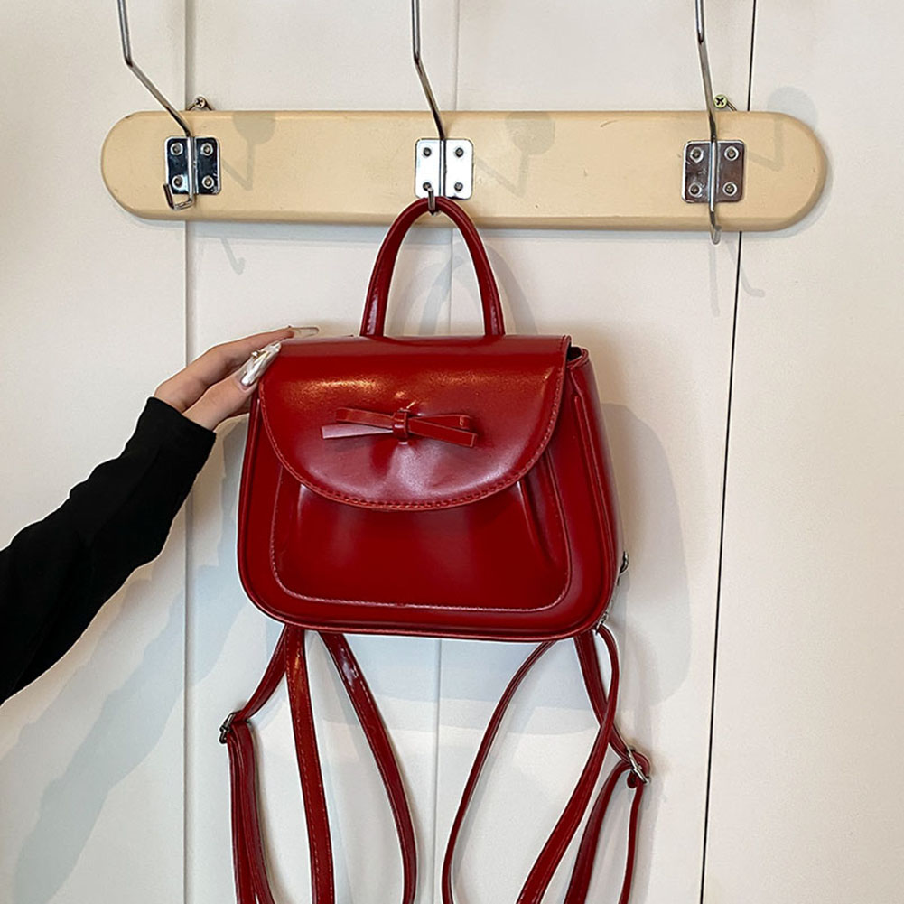 Mimi Cute Bow Aesthetic School Backpack PU Leather Fashion Handbag Solid Color Casual Daypack with Adjustable Strap for Women
