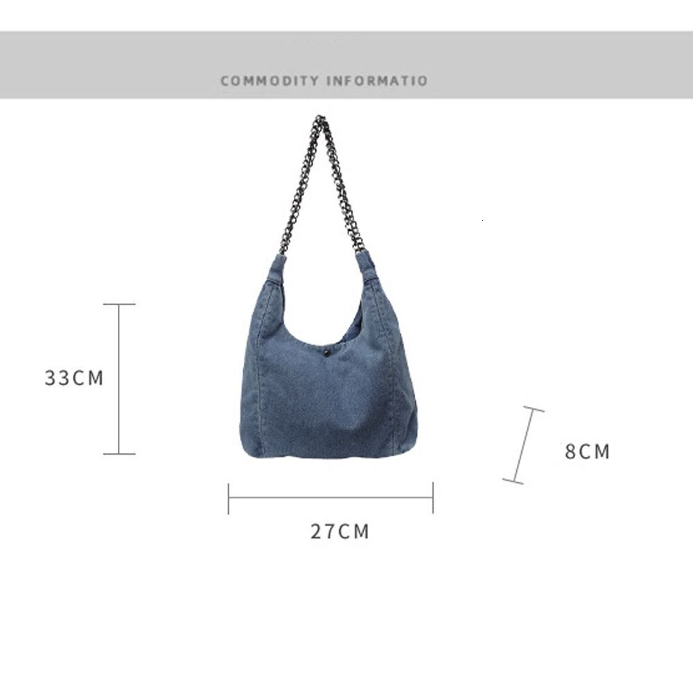Japanese Style Fabric Washed Denim Metal Chain Shoulder Strap Ladies Handbag High-Capacity Shopping Tote For Girls
