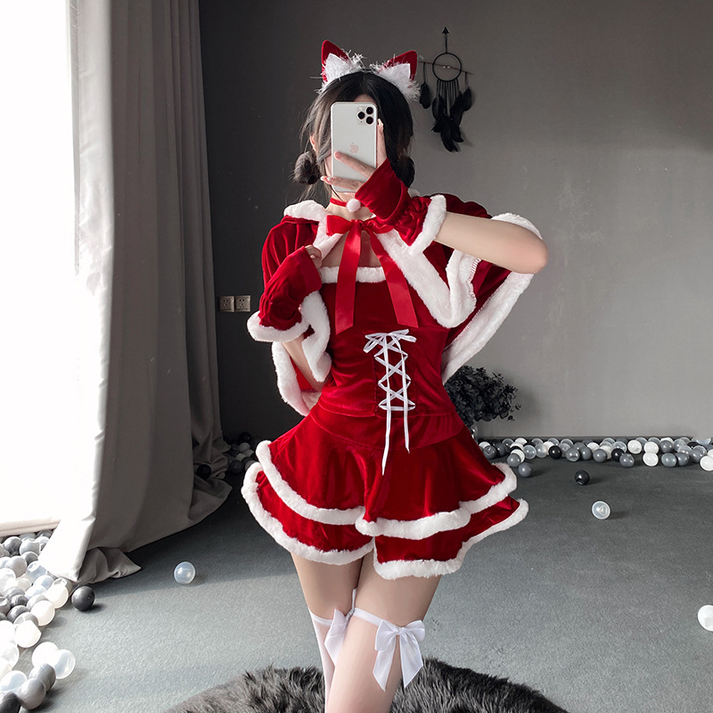 Casual Dresses Women Christmas Cosplayer Sexy Christmas Dress Suit Red Short Skirt Rabbit Ear Shawl Cat Maid Cosplay Costume Party Dress Up Festival R