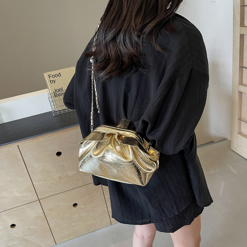 Women PU Leather Evening Bag Ruched Formal Handbag with Detachable Chain Crossbody Bag Dressy Wedding Prom Party Purse