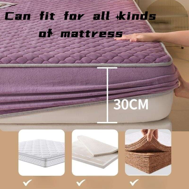 Thick Fleece Mattress Cover Solid Color Quilted Fluffy Bed Queen/King Size Fitted Sheet For Winter (Pillowcase Need Order)