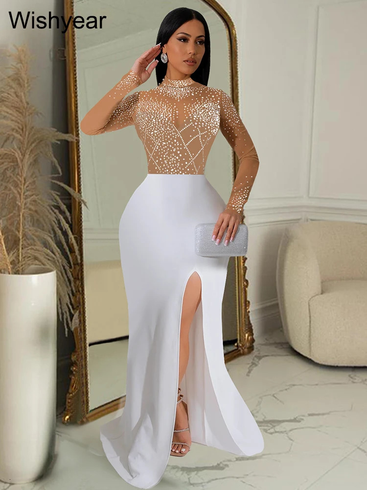 year Mermaid Evening y Dress Woman Elegant Wedding Party Mesh Patchwork See Through Long Sleeve High Split Prom Formal 241108