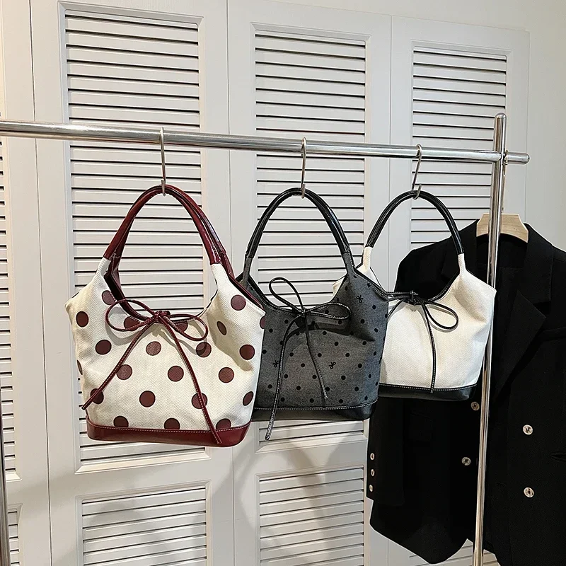 PU hasp Bucket Shoulder Bags 2024 New Sewing Thread Versatile Solid Color Fashion Soft Large Capacity bow Women's Handbags