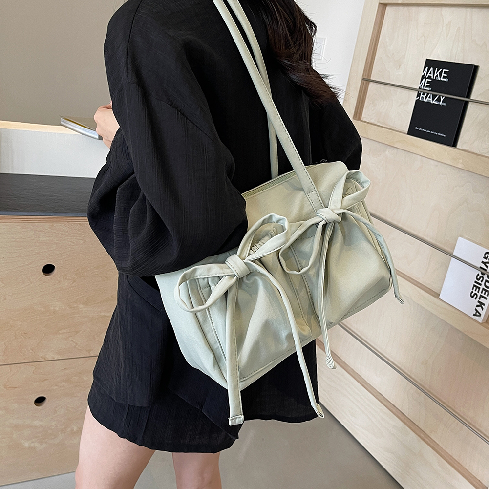 Cute Bow Commuter Bag Casual Nylon Fashion Shoulder Purse Large Capacity Daily Bag Solid Color for Women Daily Use and Commuting