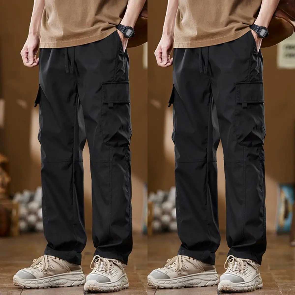 American High Street Fashion Casual Cargo Pants Men Solid Elastic Waist Drawstring Patchwork Pockets Versatile Straight Trousers LX241107