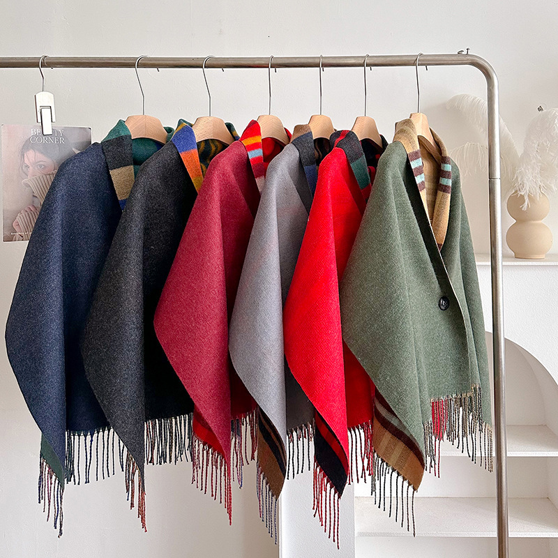 autumn and winter New plaid for women, tassel cape, double-sided shawl, multifunctional warm scarf