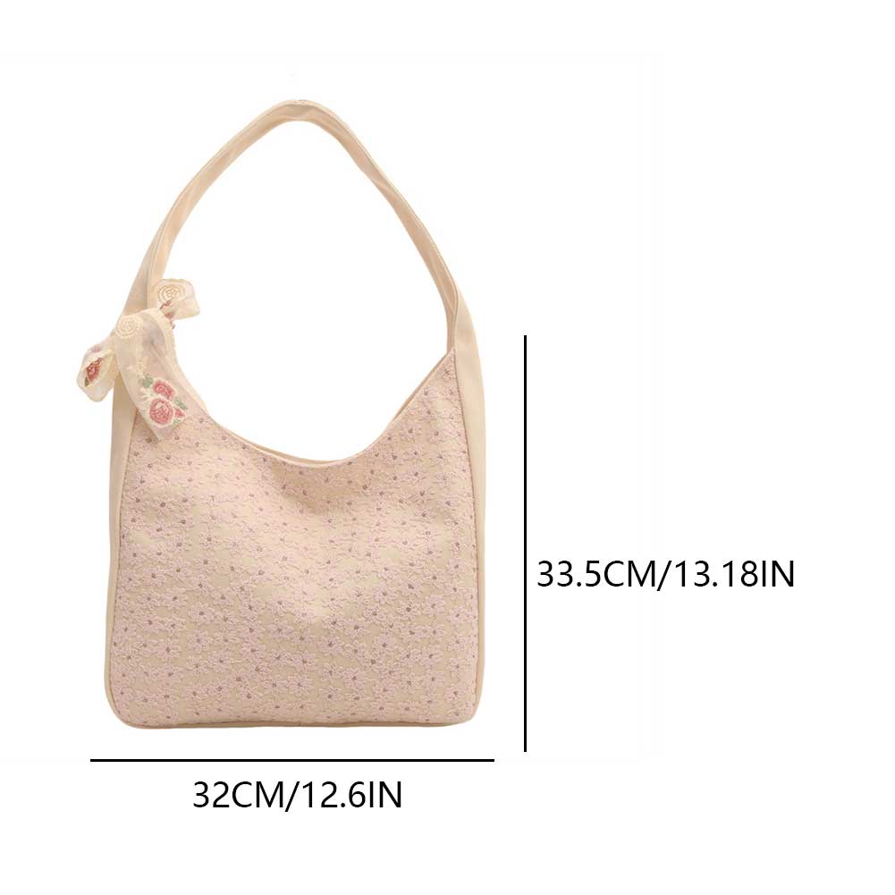 Women Floral Shoulder Bag Simple Tote Handbag Large Capacity Stylish Tote Purse with Ribbon Canvas Hobo Bag Outdoor Travel Bag