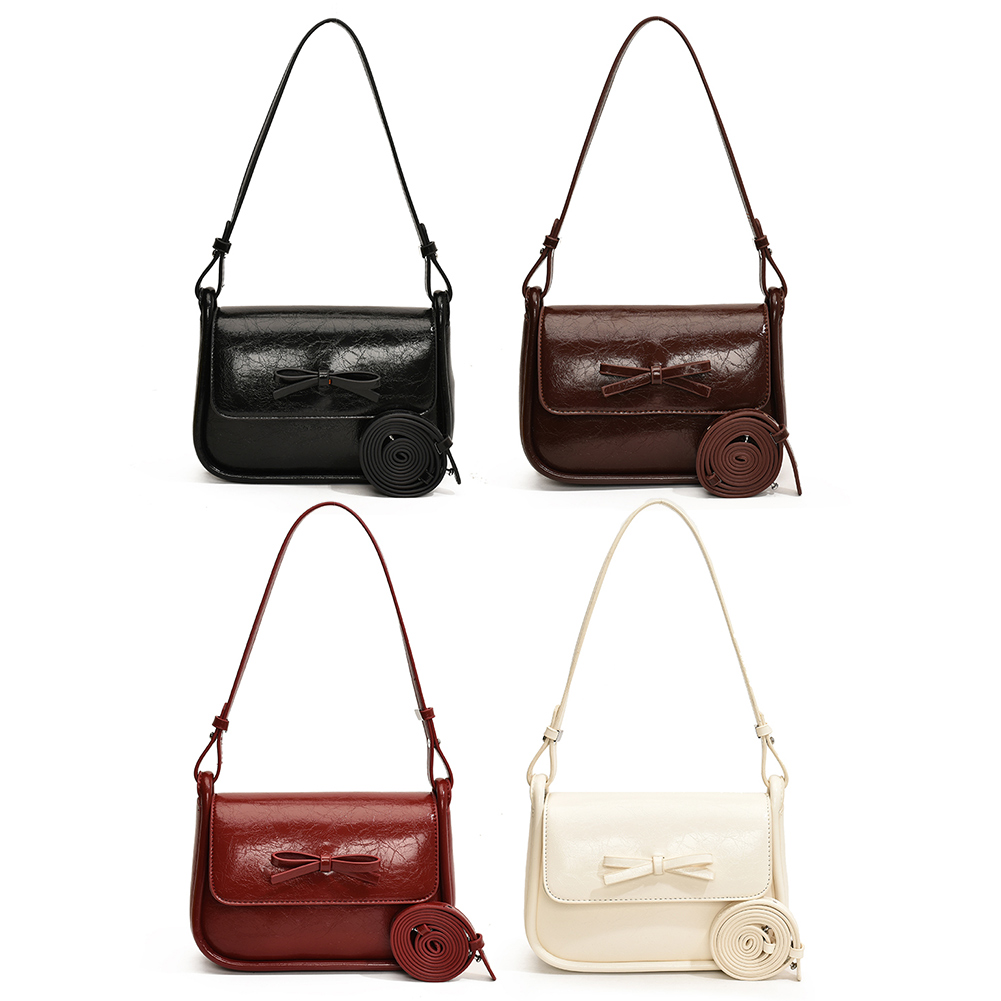 Women Retro Shoulder Bag PU Leather Bow Vintage Crossbody Bag Solid Color Simple Armpit Bag Girls Dating Bag