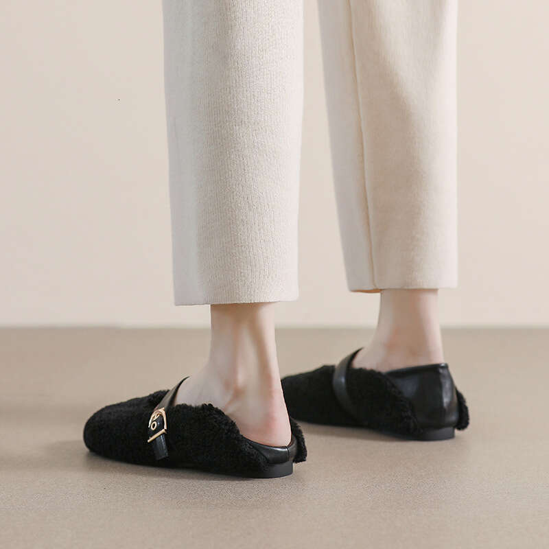 White Lambwool Flat shoes woman leather patchwork ankle belt masy janes winter fur flats round toe furry moccasins