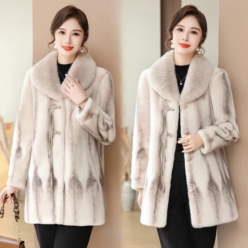 Mink coat womens winter thick warm and loose high-end fur rich womens long sleeved fur one-piece mother clothing 241107