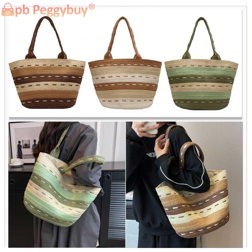 Lady Summer Top-Handle Bags Fashion Handmade Simple Large Capacity Hand-Woven Handbags Contrast Color Casual Tote Purses