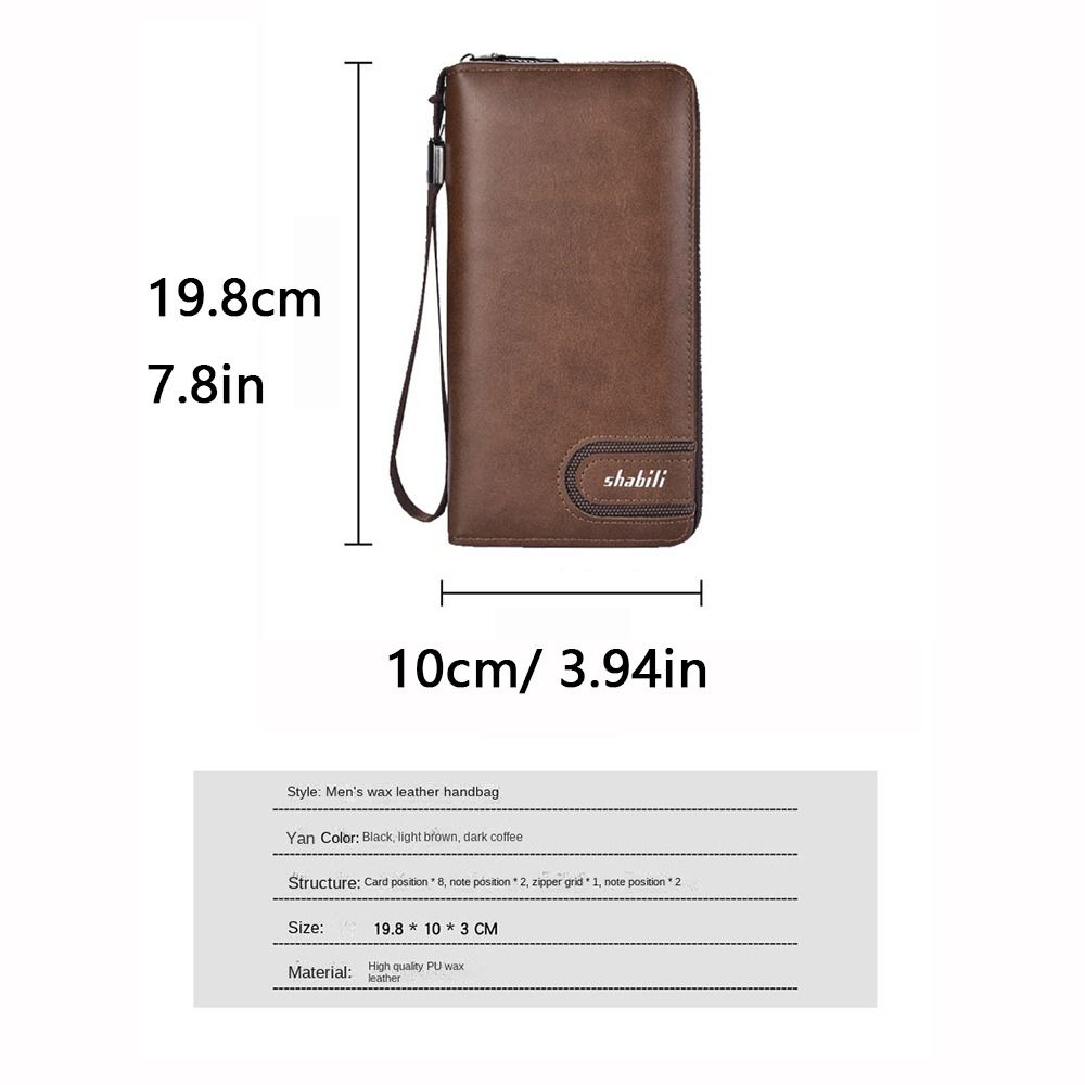 Portable Waterproof Men's Long Wallet with Zipper Oil Wax Leather 2 Fold Wallet Leisure Durable Card Wallet Outdoor