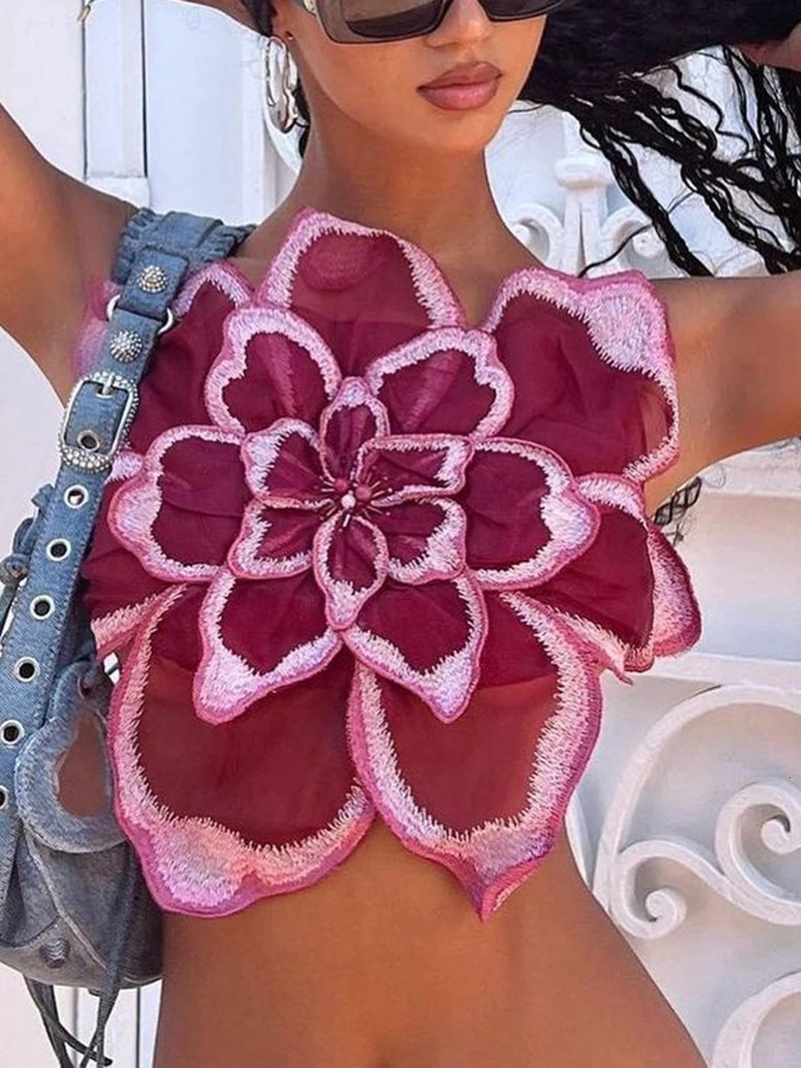 Women s 3D Flower Cami y2k Sleeveless Backless Spaghetti Strap Crop Top for Going Out Party Streetwear 240327