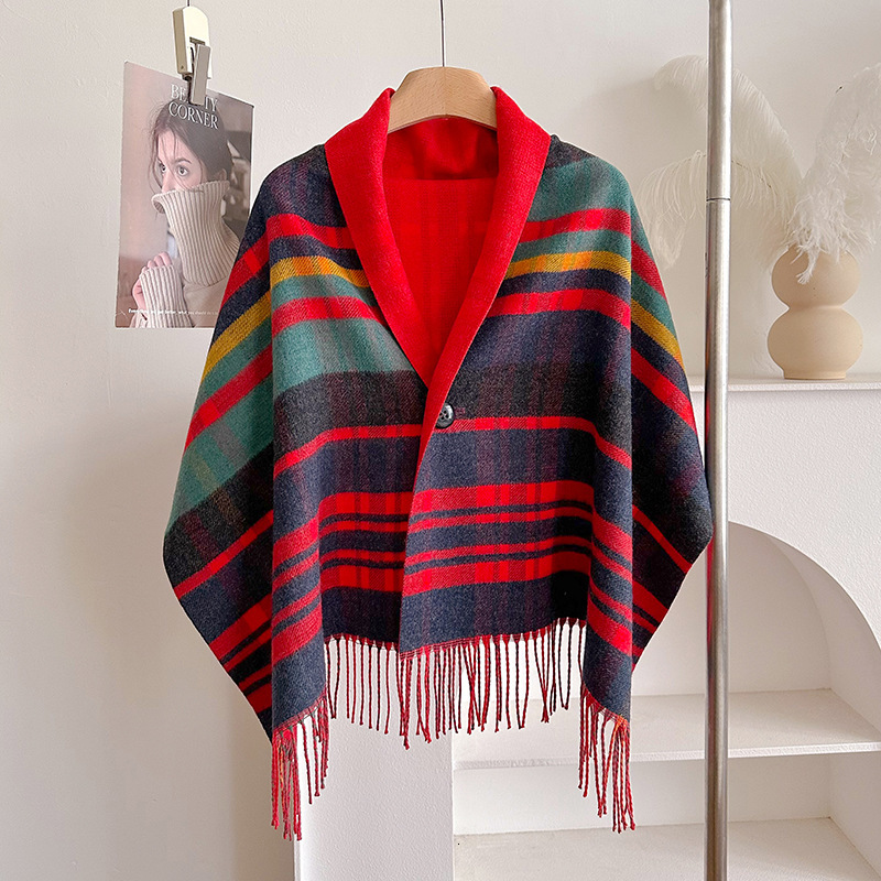 autumn and winter New plaid for women, tassel cape, double-sided shawl, multifunctional warm scarf