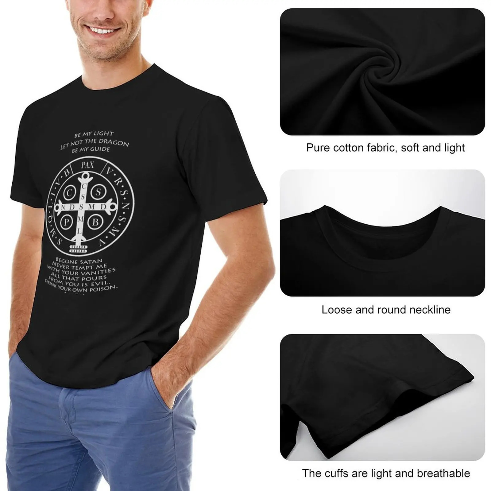 Saint Benedict Medal with prayeron black T-Shirt plain t-shirt anime clothes blank t shirts oversized t shirts for men 240319