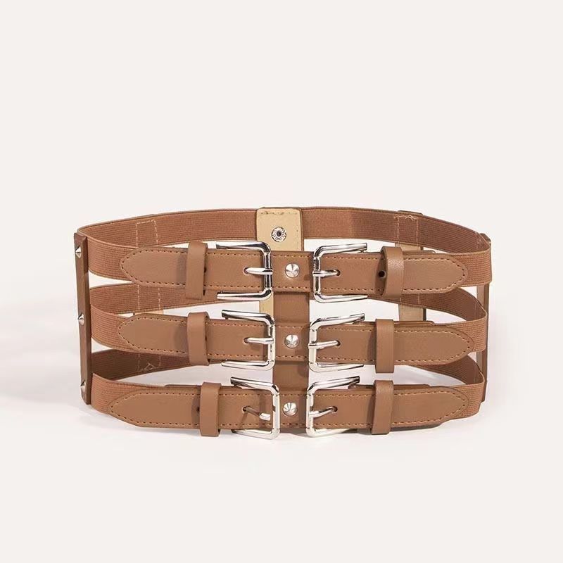 Factory direct wide belt new elastic hollowing girdle fashion versatile three rows of buttons splicing adjustable