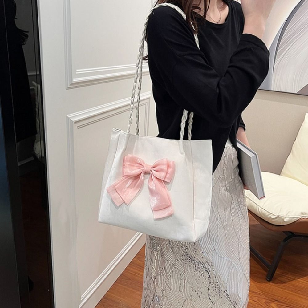 Fashion Ballet Style Bowknot Underarm Bags PU Leather Large Capacity Bow Tote Handbag Y2K Korean Bowknot Armpit Bag Girls