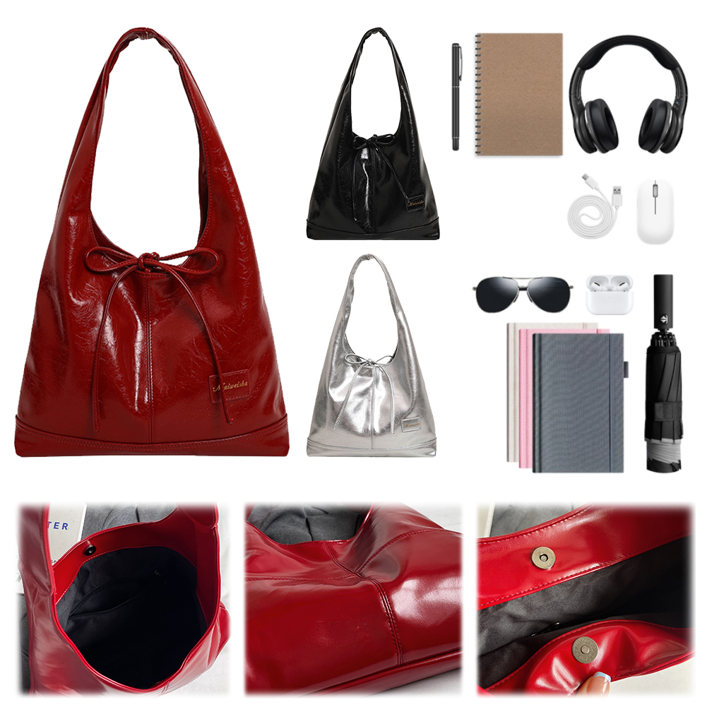 Women PU Bow Shoulder Bag Casual Underarm Bag Large Capacity Stylish Shoulder Purse Top Handle Handbag Outdoor Travel Bag