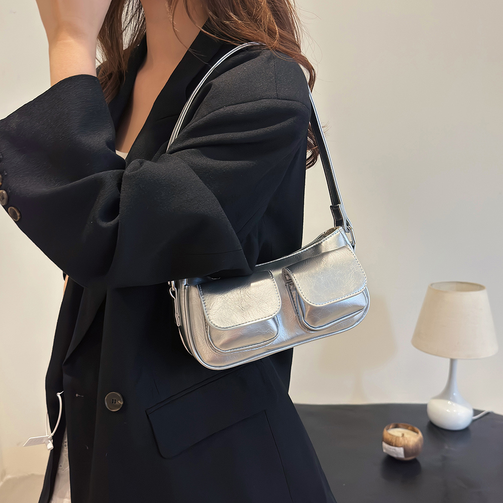Women Handbag Double Pockets PU Leather Shoulder Bag Solid Color Underarm Bag Casual Clutch Purse Shopping Bag