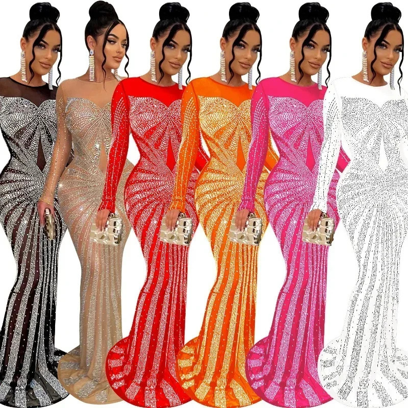 XIZOU Women Mesh Patchwork Diamonds Rhinestones Floor Length Bodycon Mermaid Maxi Dress Sexy Party Evening Vestidos 241108