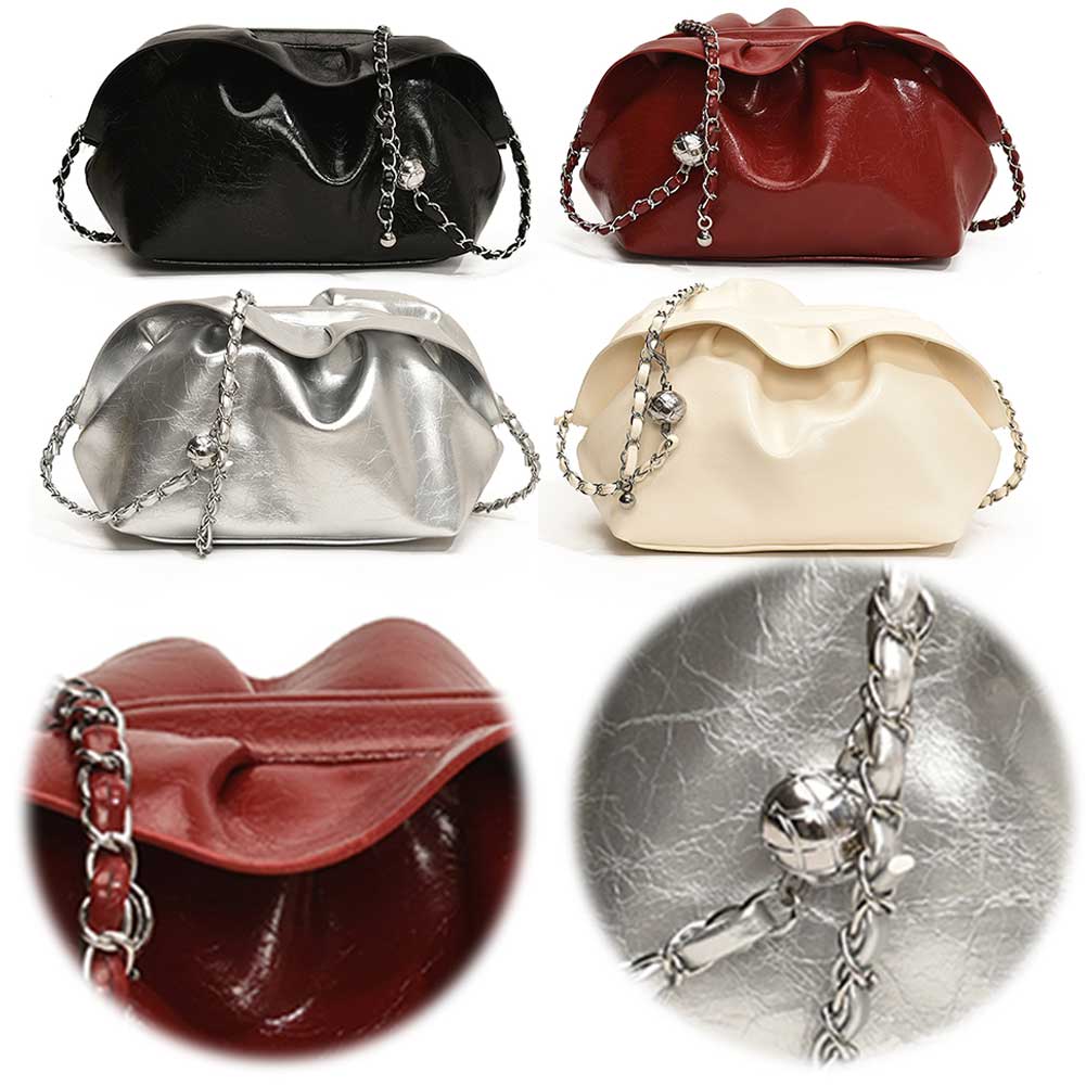 Women Crossbody Bag Pleated PU Leather Underarm Purse with Chain Handbag Clutch Purse for Travel Commuting